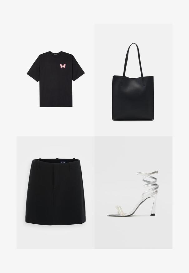 Svart bomulls T-skjorte med korte ermer, med en liten rosa sommerfugl grafikk på venstre bryst. Crew-neck design med en avslappet passform.; Svart skjørt med en glatt stofftekstur, minimalistisk design, to frontlommer og midt-lår lengde. Inkluderer beltehemper i livet.; Sølv høyhælte sandaler med et glitrende stroppdesign, som har en perle-lignende akcent og en spiralformet ankelstropp for sikker passform.; Svart lær tote bag med glatt tekstur, rektangulær form og to lange håndtak. Ingen synlige deler eller dekorasjoner.