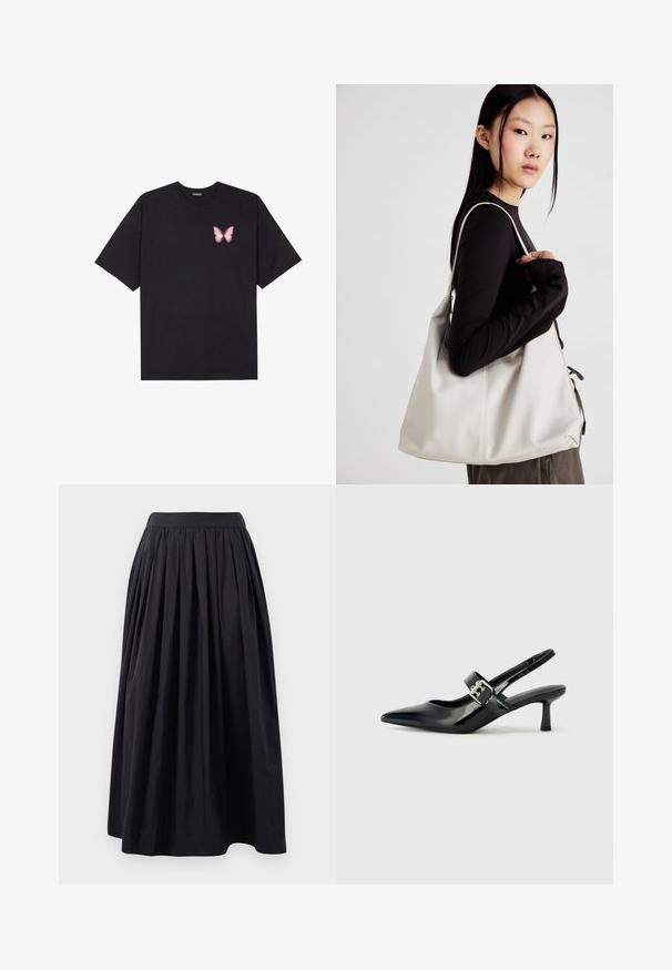 Juodas medvilnės marškinėliai trumpomis rankovėmis, su maža rožine drugelio grafika kairėje krūtinės pusėje. Apvalus kaklo iškirpimas, laisvas kirpimas.; Juoda, iki kelių ilgio sijonas, pagamintas iš lengvos medžiagos, su plačia, surinkta juostele ir klostuotu dizainu, suteikiančiu pilną siluetą.; Juodai lakuoti slingback aukštakulniai su smailiu kojų pirštu ir mažais blokiniais kulniukais, su sidabro sagtimi ant dirželio.; Bežinė rankinė, pagaminta iš minkštos medžiagos, turinti laisvą dizainą, siuvinėtas detalės ir dvi petnešos. Tinkama kasdieniam naudojimui.