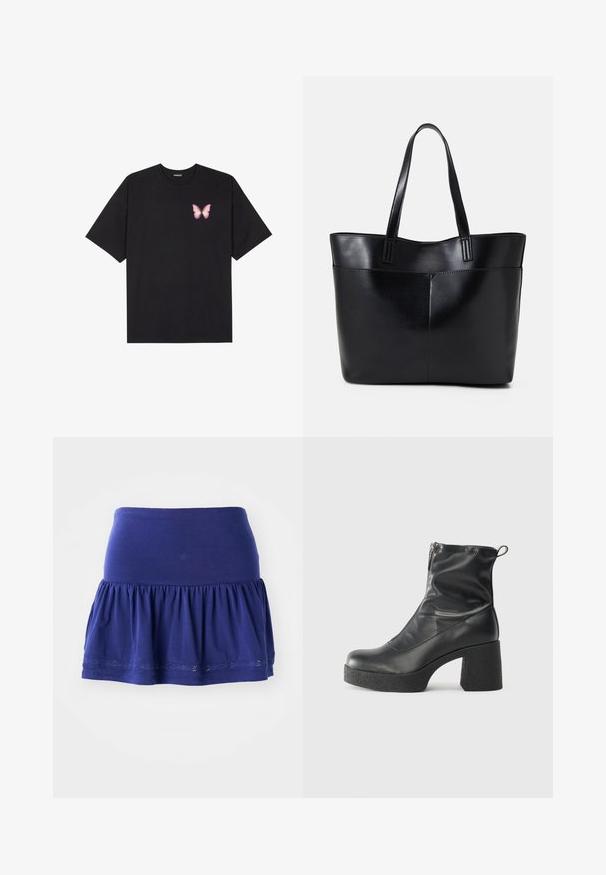 Črna bombažna majica s kratkimi rokavi, ki ima majhen roza metuljček na levi strani prsnega dela. Majica s krožnim ovratnikom in sproščenim krojem.; Mornarsko modra jersija krilo z nabranim dnom, elastičnim pasom in okrasnim vezenim ob robu. Mehka, lahka tkanina.; Črne gležnjarje iz gladke kože z božnim zadrgo, masivnim teksturiranim peto in zaobljeno obliko prstov.; Črna usnjena torba z dvema dolgima ročajema, gladko teksturo in strukturirano obliko. Ima sprednji žep za dodatno shranjevanje.