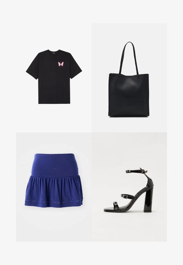 Černé bavlněné tričko s krátkým rukávem, na levém prsou s malou grafikou růžové motýlky. Design s kruhovým výstřihem a volným střihem.; Sukně z navy modré džersey látky se nařaseným spodním lemem, elastickým pasem a dekorativním vyšívaným lemem na spodním okraji. Měkká, lehká látka.; Černé lakované sandály na vysokém podpatku se dvěma pásky se sponami, čtvercovou špičkou a robustním blokovým podpatkem, s hladkou, lesklou texturou.; Černá kožená taška přes rameno s hladkým povrchem, obdélníkovým tvarem a dvěma dlouhými uchy. Žádné viditelné kování ani ozdoby.