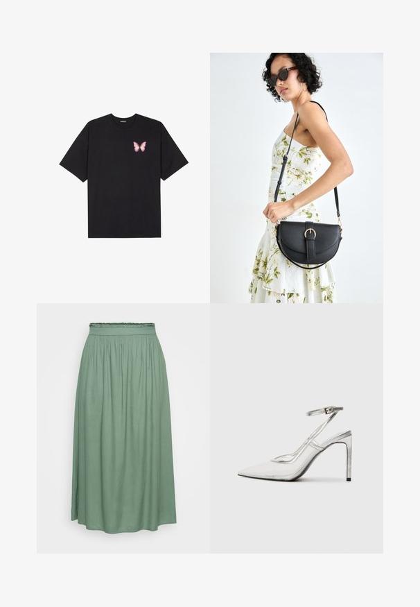 Fekete pamut póló rövid ujjakkal, bal mellkason egy kis rózsaszín pillangó grafikával. Kerek nyakú kialakítás, laza fazonnal.; Zöld midi szoknya, gumírozott derékpánttal, sima textúrával és folyékony fazonnal, enyhe A-vonalú alakja van, minták nélkül.; Áttetsző anyagú, hegyes orrú, tiszta stiletto sarokcipő, fémes ezüst díszítéssel és állítható bokahevederrel.; Fekete bőrtáska ívelt formával, levehető pánttal és arany színű fémrészekkel. A táskán egy csattal díszített fedél található.