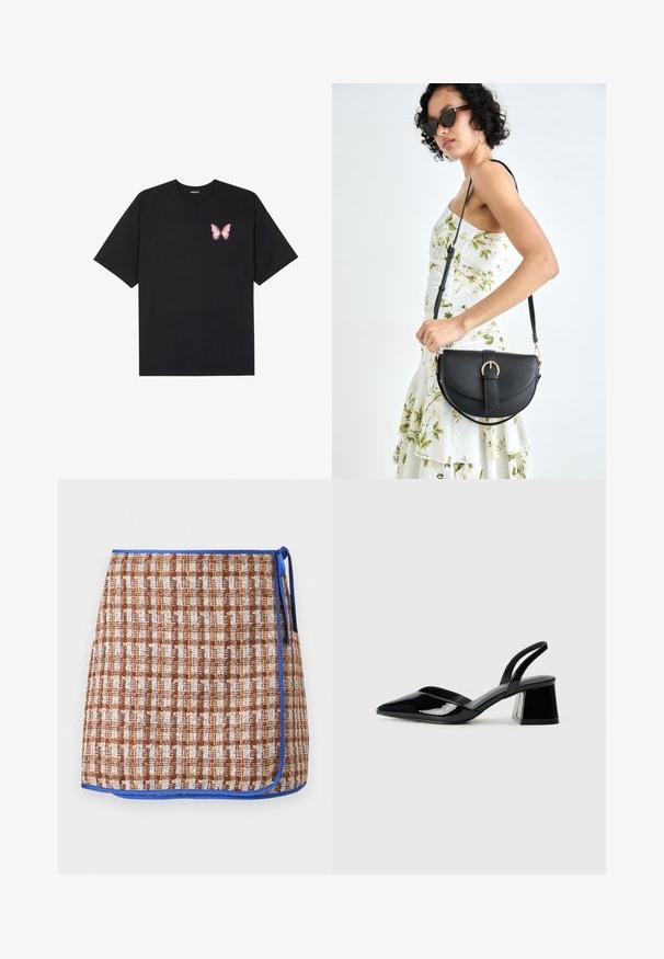 T-shirt de algodão preto com mangas curtas, apresentando um pequeno gráfico de borboleta rosa no lado esquerdo do peito. Design de gola redonda com um corte solto.; Saia envolvente em padrão de xadrez castanho e branco com acabamentos azuis. Apresenta um laço lateral e um tecido texturizado para um detalhe adicional.; Sandy em verniz preto com salto slingback, ponta afilada e salto geométrico. Apresenta um design elegante e minimalista com textura suave.; Bolsa de couro preta com forma curva, alça destacável e detalhes em dourado. A bolsa possui uma aba com detalhe de fivela.