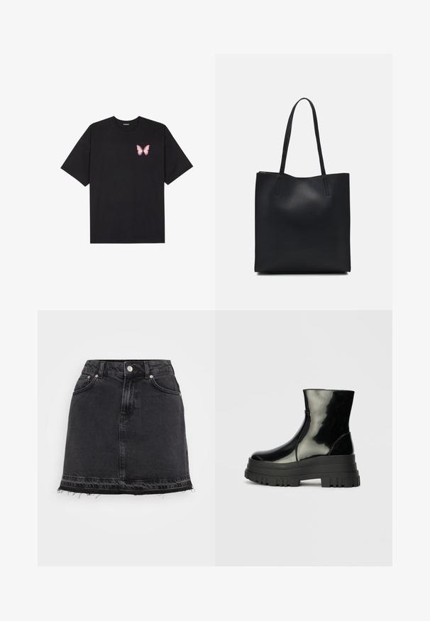 Juodas medvilnės marškinėliai trumpomis rankovėmis, su maža rožine drugelio grafika kairėje krūtinės pusėje. Apvalus kaklo iškirpimas, laisvas kirpimas.; Juodas džinsinis mini sijonas su tiesia silueto forma, turintis priekines kišenes, metalinį užsegimą ir nelygų apvado detalę.; Juodas blizgus kulkšninis botas su storu iškilniu padu ir apvaliu pirštu, šoninis vaizdas ant vientiso šviesiai pilko fono.; Juodas odinis tote krepšys su lygia tekstūra, stačiakampio formos ir dviem ilgais rankenomis. Matomų metalinių detalių ar puošybos nėra.