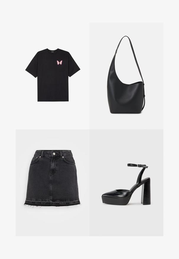 Crna pamučna majica s kratkim rukavima, s malim grafičkim prikazom ružičaste vjetricaste s desne strane na prsima. Dizajn s okruglim izrezom i opuštenim krojem.; Crna traper mini suknja s ravnim siluetom, s prednjim džepovima, metalnim kopčanjem i izgužvanim rubom.; Crne platforme s potpeticom s oštrim vrhom i podešivom naramenicom. Izrađene od glatke kože, s masivnom blok petom.; Crna kožna hobo torba s glatkom teksturom, zakrivljenim oblikom i jednom podesivom trakicom; ima širok otvor na vrhu.
