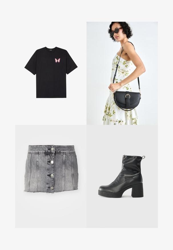 Black cotton t-shirt with short sleeves, featuring a small pink butterfly graphic on the left chest. Crew neck design with a relaxed fit.; Gray denim skirt with a high waist, five silver buttons, vertical stitching, and raw hem. Has a fitted silhouette and a soft texture.; Black ankle boots made of smooth leather, featuring a side zipper, chunky textured heel, and rounded toe design.; Black leather handbag with a curved shape, detachable strap, and gold hardware. The bag features a flap with a buckle detail.