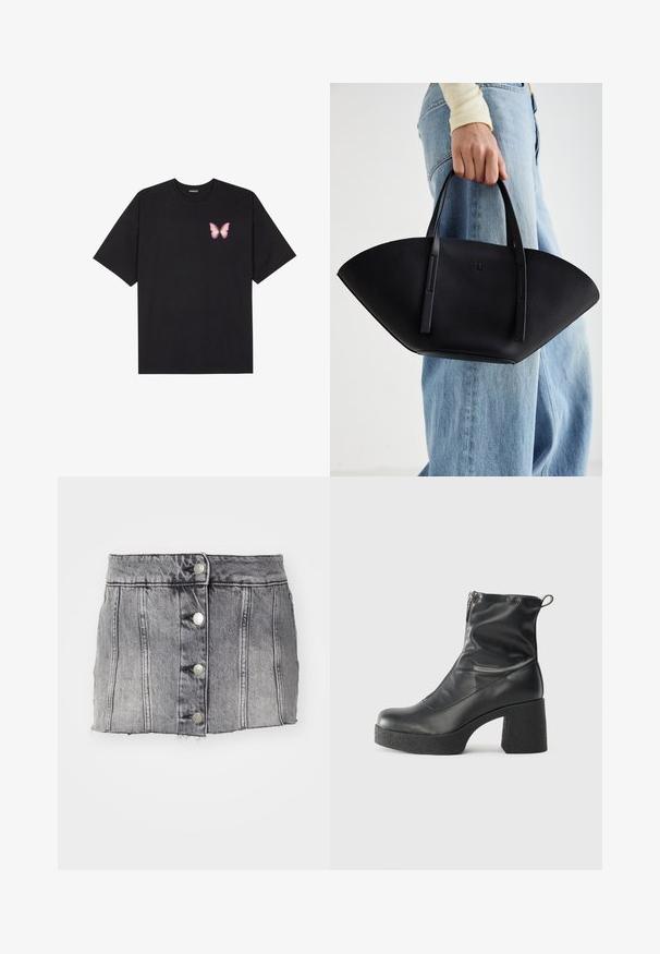 Must muströöpidega must puuvillane T-särk, vasakul rinnal on väike roosa liblikas. Ümar kaelus ja vabalt istuv lõige.; Halli teksaskleit kõrge vöökoht, viis hõbedast nööpi, vertikaalne õmblus ja toor lõpp. Omab keha lähedast siluetti ja pehme tekstuuri.; Mustad mustad ansapüksid, mis on valmistatud siledast nahast, külje zipperiga, paksu tekstuuriga kontsaga ja ümmarguse nina disainiga.; Must mustra kott, millel on unikaalne fännikujuline disain, millel on lapikud käepidemed. Pinna tekstuur on kivikujuline ja disain on minimalistlik.