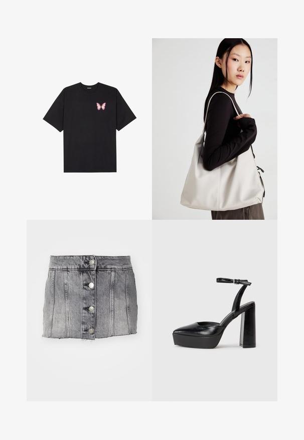 Black cotton t-shirt with short sleeves, featuring a small pink butterfly graphic on the left chest. Crew neck design with a relaxed fit.; Gray denim skirt with a high waist, five silver buttons, vertical stitching, and raw hem. Has a fitted silhouette and a soft texture.; Black platform heels with a pointed toe and adjustable ankle strap. Constructed from smooth leather, featuring a chunky block heel.; Beige handbag made of soft material, featuring a slouchy design, stitched detailing, and two shoulder straps. Suitable for everyday use.