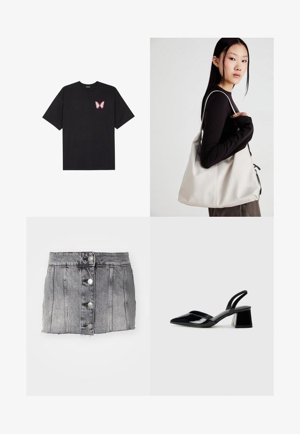 Melna kokvilnas T-krekls ar īsām piedurknēm, kuram priekšā kreisajā pusē ir neliels rozā tauriņa grafiskais attēls. Ar apaļu kaklu un brīvā stila piegriezumu.; Pelēks džinsu svārki ar augstu jostasvietu, piecām sudraba pogām, vertikālu šuvēm un neapstrādātu malu. Tam ir pieguļoša silueta un maiga tekstūra.; Melna lakota āda ar atvērto papēdi, ar smailu purngalu un ģeometrisku blokpapēdi. Iezīmējas elegants, minimāls dizains un gluda tekstūra.; Bežs rokassoma, izgatavota no mīksta materiāla, ar brīvu dizainu, izšūtu apdari un divām plecu siksnām. Piemērota ikdienas lietošanai.