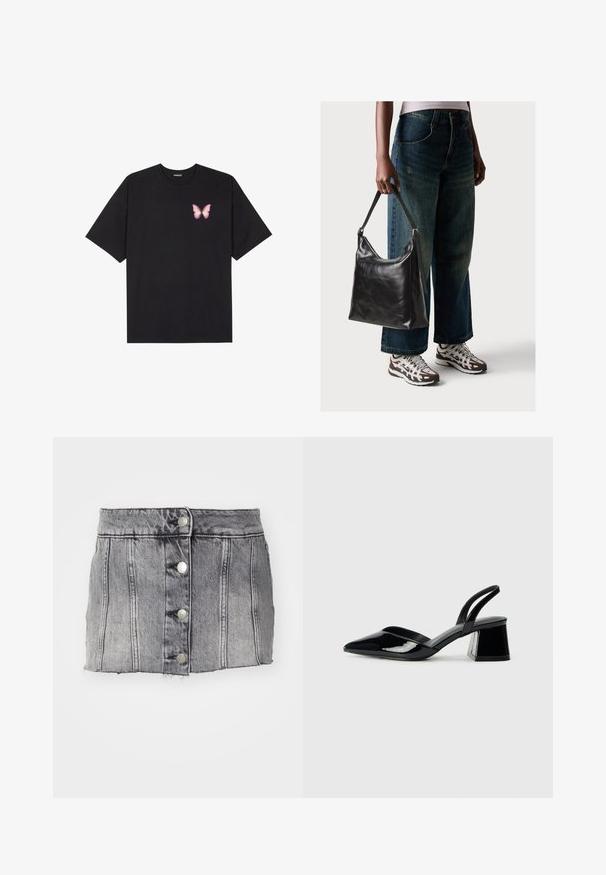 Juodas medvilnės marškinėliai trumpomis rankovėmis, su maža rožine drugelio grafika kairėje krūtinės pusėje. Apvalus kaklo iškirpimas, laisvas kirpimas.; Pilkas džinsinis sijonas su aukštu liemeniu, penkiomis sidabrinėmis mygtukais, vertikaliu siuvimu ir nepabaigtu kraštu. Turi prigludusią siluetą ir švelnią tekstūrą.; Juodos lakuotos odinės šlepetės su smailiu pirštu ir geometriniu bloko kulnu. Turi elegantišką, minimalistinį dizainą ir lygų paviršių.; Juodas odinis peties krepšys su lygiu paviršiumi ir reguliuojama dirželiu, derinamas su nublukusiais plačiapurčiais džinsais ir sportiniais batais.