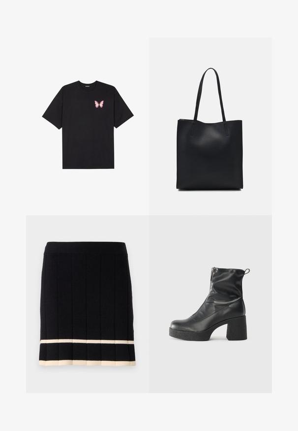 T-shirt nera in cotone con maniche corte, caratterizzata da una piccola grafica di una farfalla rosa sul lato sinistro del petto. Design a girocollo con una vestibilità rilassata.; Gonna nera lavorata a maglia con righe verticali, caratterizzata da una striscia crema a contrasto all'orlo inferiore. Elastico in vita. Design classico.; Stivali neri alla caviglia in pelle liscia, con zip laterale, tacco spesso e texture, e punta arrotondata.; Borsa tote in pelle nera con texture liscia, forma rettangolare e due manici lunghi. Nessun hardware o decorazione visibile.