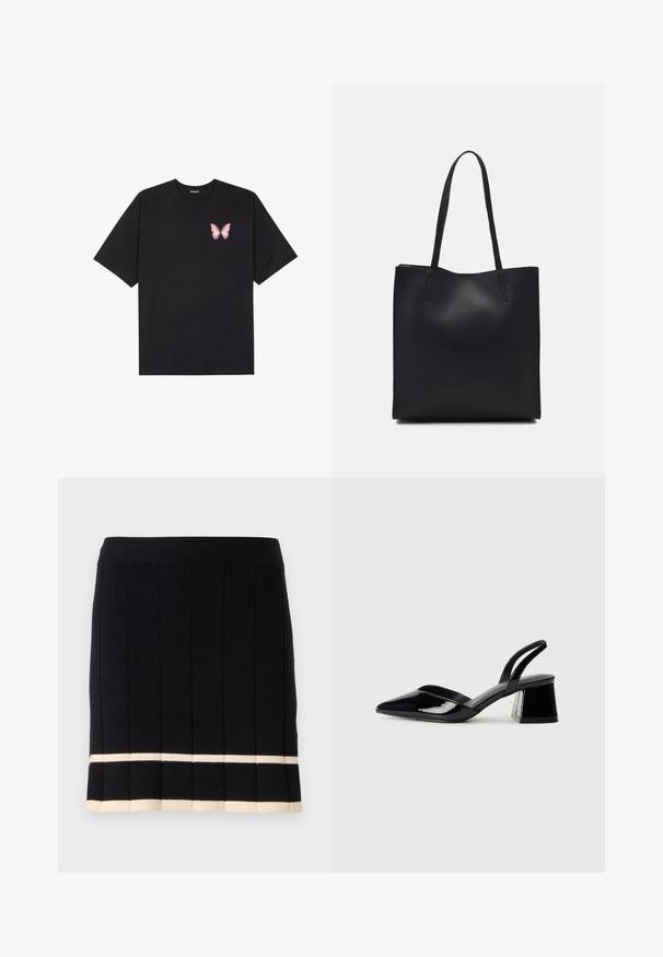 Zwarte katoenen t-shirt met korte mouwen, voorzien van een kleine roze vlinder graphic op de linkerkant van de borst. Crew neck ontwerp met een relaxte fit.; Zwarte gebreide rok met verticale ribbels, voorzien van een contrasterende crèmekleurige streep aan de onderrand. Elastische tailleband. Klassiek ontwerp.; Zwarte gepatineerde leren slingback hakken met een spitse neus en een geometrische blokhak. Kenmerkt zich door een slank, minimalistisch ontwerp en een gladde textuur.; Zwarte leren handtas met een gladde textuur, rechthoekige vorm en twee lange handvaten. Geen zichtbare hardware of versieringen.