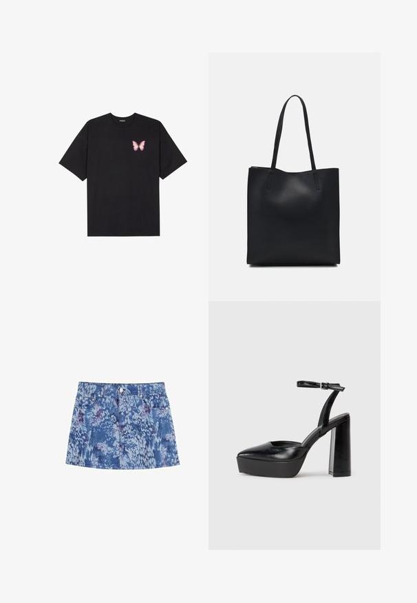 T-shirt nera in cotone con maniche corte, caratterizzata da una piccola grafica di una farfalla rosa sul lato sinistro del petto. Design a girocollo con una vestibilità rilassata.; Mini gonna di denim con un motivo tie-dye blu e viola, design a cinque tasche e chiusura anteriore con bottoni in metallo argentato.; Tacchi a piattaforma neri con punta appuntita e cinturino regolabile alla caviglia. Realizzati in pelle liscia, presentano un tacco a blocco spesso.; Borsa tote in pelle nera con texture liscia, forma rettangolare e due manici lunghi. Nessun hardware o decorazione visibile.