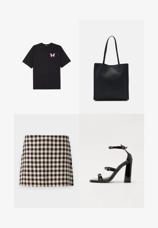 T-shirt en coton noir à manches courtes, avec un petit graphique de papillon rose sur la poitrine gauche. Modèle à col rond avec une coupe décontractée.; Jupe à carreaux noir et crème avec une coupe droite, présentant une texture lisse et un ourlet qui se situe au-dessus du genou. Sans matériel ni accents.; Sandales à talons vernies noires avec un bout carré, des sangles autour de la cheville et des boucles en argent. Dotées d'un talon bloc épais pour plus de stabilité.; Sac fourre-tout en cuir noir avec une texture lisse, de forme rectangulaire et deux longues poignées. Pas de matériel ou d'ornementations visibles.