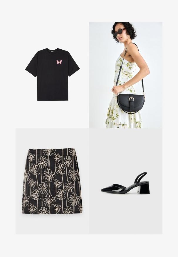 Juodas medvilnės marškinėliai trumpomis rankovėmis, su maža rožine drugelio grafika kairėje krūtinės pusėje. Apvalus kaklo iškirpimas, laisvas kirpimas.; Juoda sijonas su baltais gėlių siuvinėjimais ir lankinėmis dizainais. Lygus audinys, prigludusi forma, matomi siuvimo detalės.; Juodos lakuotos odinės šlepetės su smailiu pirštu ir geometriniu bloko kulnu. Turi elegantišką, minimalistinį dizainą ir lygų paviršių.; Juodas odinis krepšys su išlenkta forma, nuimamu dirželiu ir auksiniais detalėmis. Krepšys turi kilpą su sagtimi.