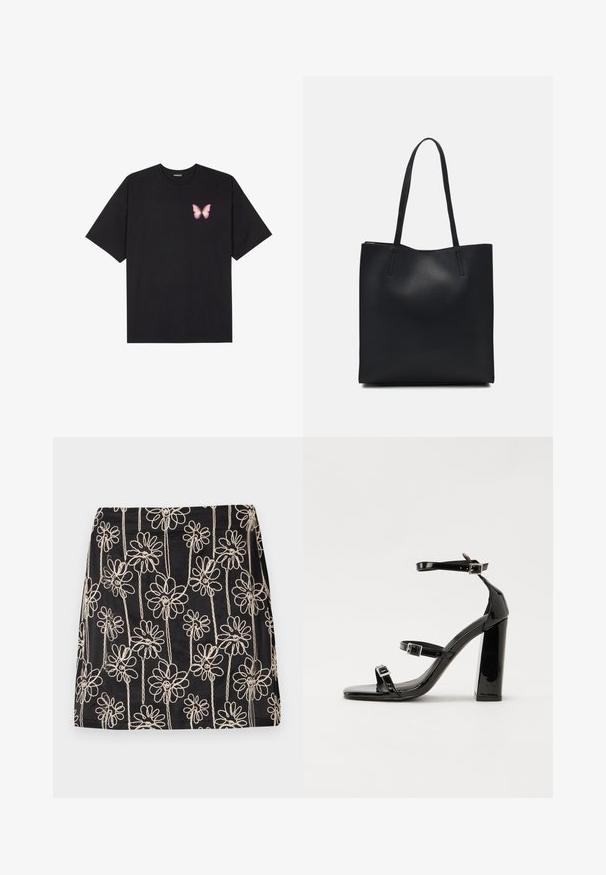 Melna kokvilnas T-krekls ar īsām piedurknēm, kuram priekšā kreisajā pusē ir neliels rozā tauriņa grafiskais attēls. Ar apaļu kaklu un brīvā stila piegriezumu.; Melna svārku ar baltu ziedu izšuvumu un līkloču dizainu. Gluda tekstūra un pieguļoša forma, ar redzamām šuvju detaļām.; Melnas lakotas augstpapēžu čības ar kvadrāta purngalu, potīšu siksniņām un sudraba sprādzēm. Aprīkotas ar masīvu bloku papēdi stabilitātei.; Melnas ādas somiņa ar gludu tekstūru, taisnstūra formu un divām garām rokturiem. Nav redzamu aparatūras vai rotājumu.