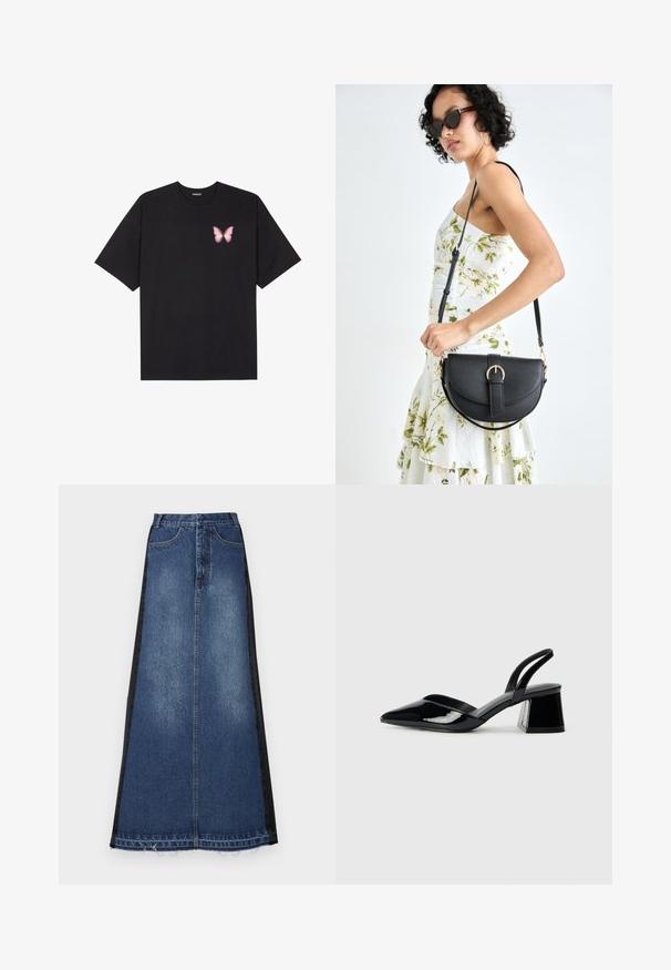 T-shirt de algodão preto com mangas curtas, apresentando um pequeno gráfico de borboleta rosa no lado esquerdo do peito. Design de gola redonda com um corte solto.; Saia maxi de ganga com um corpo principal azul e painéis laterais pretos, com um ajuste reto, cintura desfiada e design clássico de cinco bolsos.; Sandy em verniz preto com salto slingback, ponta afilada e salto geométrico. Apresenta um design elegante e minimalista com textura suave.; Bolsa de couro preta com forma curva, alça destacável e detalhes em dourado. A bolsa possui uma aba com detalhe de fivela.