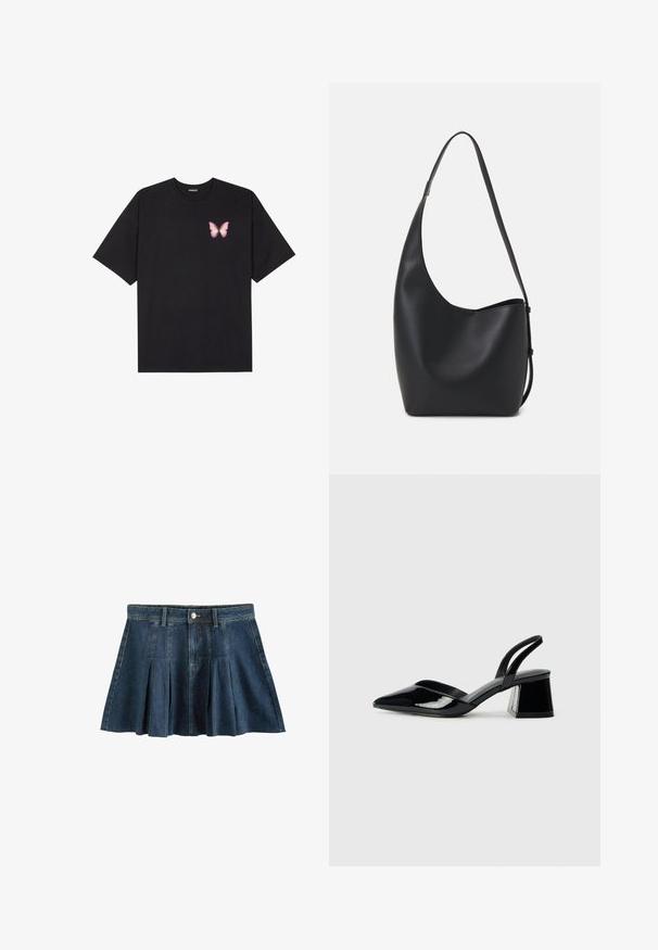 T-shirt nera in cotone con maniche corte, caratterizzata da una piccola grafica di una farfalla rosa sul lato sinistro del petto. Design a girocollo con una vestibilità rilassata.; Next REGULAR FIT - Minigonna - dark blue; Décolleté in vernice nera con punta affusolata e tacco in geometria cubica. Presentano un design elegante e minimalista, con una texture liscia.; Borsa hobo nera in pelle con una superficie liscia, forma curvata e una singola tracolla regolabile; presenta un'ampia apertura nella parte superiore.