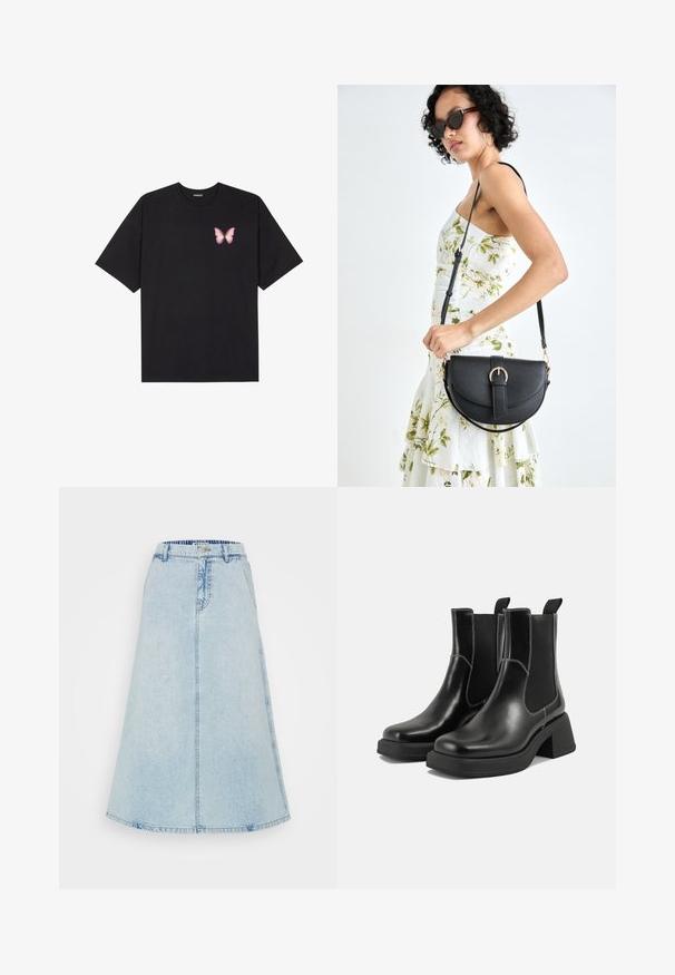Črna bombažna majica s kratkimi rokavi, ki ima majhen roza metuljček na levi strani prsnega dela. Majica s krožnim ovratnikom in sproščenim krojem.; Svetlo modra denim midijeva krila, ki ima razširjeno obliko, pas z zankami za pas in vidne šive ob šivih.; Črne usnjene Chelsea škornje s širokim petami, elastičnimi stranskimi ploščami in kontrastnim belim šivanjem. Teksturirana površina.; Črna usnjena torbica s ukrivljeno obliko, z odstranljivo naramnico in zlatimi dodatki. Torbica ima pokrov s podrobnostmi v obliki zaponke.