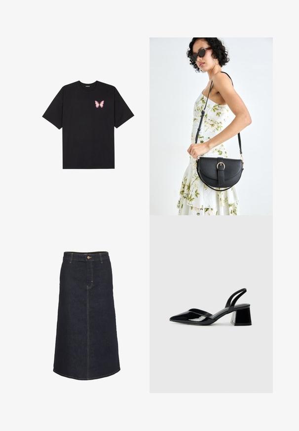 Schwarzes Baumwoll-T-Shirt mit kurzen Ärmeln, das ein kleines pinkes Schmetterlingsmotiv auf der linken Brust zeigt. Crewneck-Design mit einem entspannten Schnitt.; Dunkelblaues Jeans-Midikleid mit gerader Silhouette, ausgestattet mit einer vorderen Knopfleiste und kontrastierendem gelbem Nähen.; Schwarze Lackleder-Slingback-High Heels mit spitzem Schuh und einem geometrischen Blockabsatz. Verfügt über ein schlankes, minimalistisches Design und eine glatte Textur.; Schwarze Lederhandtasche mit geschwungener Form, abnehmbarem Tragegurt und goldenen Beschlägen. Die Tasche verfügt über einen Deckel mit einer Schnallen-Details.