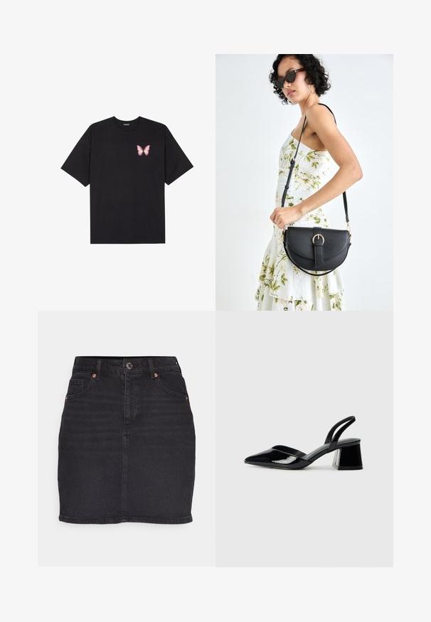 Melna kokvilnas T-krekls ar īsām piedurknēm, kuram priekšā kreisajā pusē ir neliels rozā tauriņa grafiskais attēls. Ar apaļu kaklu un brīvā stila piegriezumu.; Melna denima svārki ar taisnu griezumu, vienas pogas aizdari, jostu cilpām un priekšējiem kabatām. Iezīmē maigas izbalēšanas un varš tonis metāla detaļu.; Melna lakota āda ar atvērto papēdi, ar smailu purngalu un ģeometrisku blokpapēdi. Iezīmējas elegants, minimāls dizains un gluda tekstūra.; Melnas ādas rokassoma ar izliekta formu, noņemamu siksnu un zelta aksesuāriem. Somai ir vāciņš ar sprādzes detaļu.