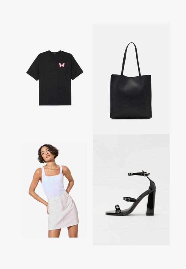 Musta puuvillapaita lyhyillä hihoilla, jossa on pieni vaaleanpunainen perhosgrafiikka vasemmassa rinnassa. Pyöreä kaula-aukko ja rento istuvuus.; Valkoinen toppi neliömäisellä pääntiellä yhdistettynä vaaleanbeigeen farkku мини-hameeseen, jossa on etutaskut ja huomaamattomat ompeluyksityiskohdat.; Musta kiiltävä korkokenkä sandaalit neliönmuotoisella varpaalla, nilkkaremmillä ja hopeisilla soljilla. Varustettu tukevalla lohkokorkealla vakauden takaamiseksi.; Mustapahkainen kangaskassi, jossa on sileä pinta, suorakaiteen muotoinen ja kaksi pitkää kahvaa. Ei näkyvää metalliosaa tai koristeita.