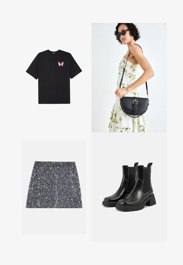 T-shirt de algodão preto com mangas curtas, apresentando um pequeno gráfico de borboleta rosa no lado esquerdo do peito. Design de gola redonda com um corte solto.; Mini saia prateada com lantejoulas, apresentando um padrão texturizado e um corte reto. O tecido parece brilhante e refletivo.; Botas Chelsea em couro preto com um salto grosso, painéis laterais elásticos e costura branca em contraste. Acabamento texturizado.; Bolsa de couro preta com forma curva, alça destacável e detalhes em dourado. A bolsa possui uma aba com detalhe de fivela.