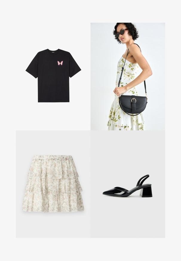 Črna bombažna majica s kratkimi rokavi, ki ima majhen roza metuljček na levi strani prsnega dela. Majica s krožnim ovratnikom in sproščenim krojem.; Bela krila z večplastnim, volančastim dizajnom. Zasnovana je z ljubkim cvetnim vzorcem v roza in zeleni barvi. Elastičen pas za udobje.; Črne lakirane slingback pete s koničastim nosom in geometrijsko blokasto peto. Imajo eleganten, minimalističen dizajn in gladko teksturo.; Črna usnjena torbica s ukrivljeno obliko, z odstranljivo naramnico in zlatimi dodatki. Torbica ima pokrov s podrobnostmi v obliki zaponke.