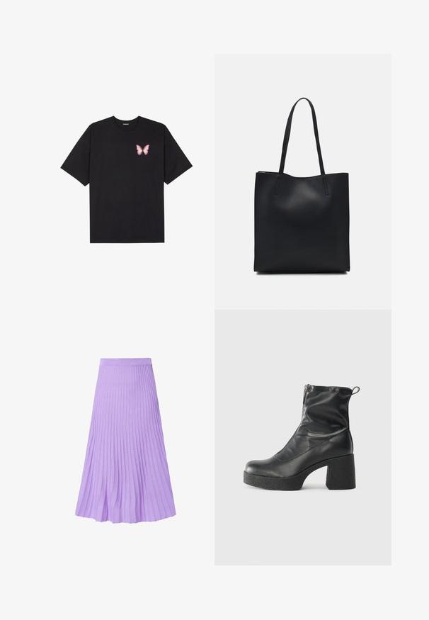 Camiseta de algodón negra de manga corta, con un pequeño gráfico de mariposa rosa en el lado izquierdo del pecho. Diseño de cuello redondo con un corte relajado.; Falda plisada de tela lavanda clara. Presenta una cinturilla alta, diseño hasta la rodilla y una superficie texturizada con líneas verticales.; Botines negros de tobillo, hechos de cuero suave, con cierre lateral, tacón grueso texturizado y diseño de punta redondeada.; Bolso tote de cuero negro con textura lisa, forma rectangular y dos asas largas. Sin herrajes ni adornos visibles.