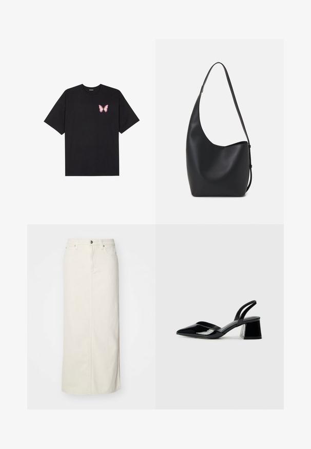 Svart bomulls T-skjorte med korte ermer, med en liten rosa sommerfugl grafikk på venstre bryst. Crew-neck design med en avslappet passform.; Hvit denim midi-skjørt med rett snitt, frontlukking med knapper og to sidelommer. Har sømdetaljer og en subtil splitt i kanten.; Svarte patentlær slingback hæler med spiss tå og geometrisk blokk hæl. Har et stilrent, minimalistisk design og jevn tekstur.; Svart lær hobo-veske med glatt tekstur, buet form og enkelt justerbart stropp; har en bred åpning på toppen.