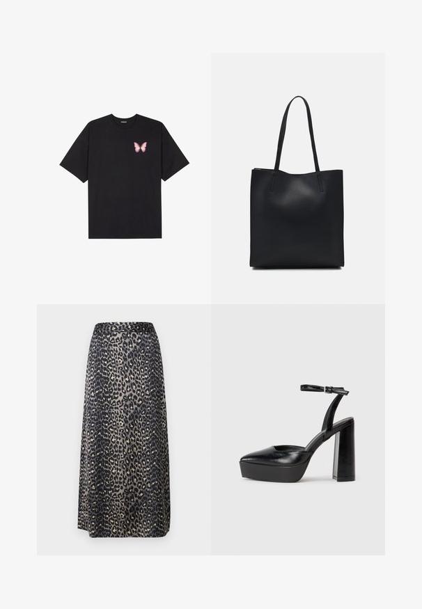 Črna bombažna majica s kratkimi rokavi, ki ima majhen roza metuljček na levi strani prsnega dela. Majica s krožnim ovratnikom in sproščenim krojem.; Krilo midi v leopardjem vzorcu ima gladko tkanino, črno-bež barvno shemo in ravno silhueto z pasom.; Črne platforme z visokimi petami in koničastim nosom ter nastavljivim gležnjenjskim trakom. Narejene iz gladke usnje, s kockasto peto.; Črna usnjena torba s svilnato teksturo, pravokotne oblike in dvema dolgima ročajema. Brez vidnih metalnih delov ali okrasnih elementov.