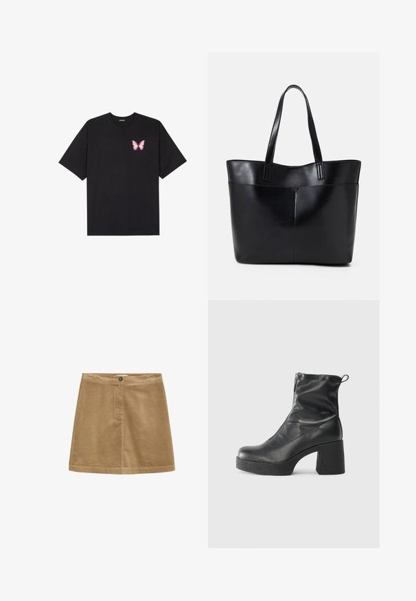 Černé bavlněné tričko s krátkým rukávem, na levém prsou s malou grafikou růžové motýlky. Design s kruhovým výstřihem a volným střihem.; Hnědá manšestrová mini sukně s knoflíkovým zapínáním, která má vertikální žebrovanou texturu a jednoduchý design. Spodní lem je rovný a precizně zpracovaný.; Černé kotníkové boty vyrobené z hladké kůže, s bočním zipem, robustním strukturovaným podpatkem a kulatou špičkou.; Černá kožená taška s dlouhými ušima, hladkým povrchem a strukturovaným tvarem. Obsahuje přední kapsu pro další úložný prostor.