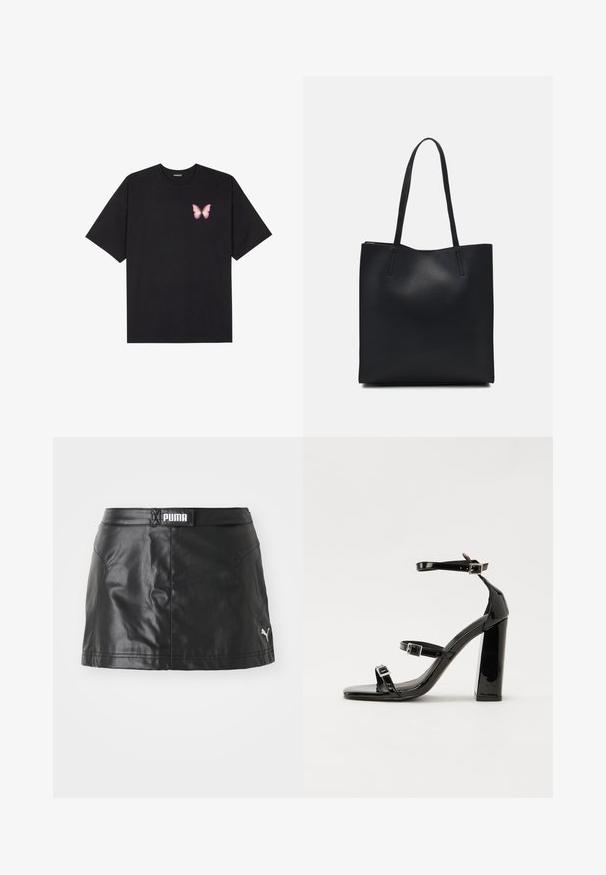 Crna pamučna majica s kratkim rukavima, s malim grafičkim prikazom ružičaste vjetricaste s desne strane na prsima. Dizajn s okruglim izrezom i opuštenim krojem.; Crna suknja od umjetne kože s glatkom teksturom, koja sadrži PUMA logo na pojasu i mali logo na rubu.; Crne lakirane sandale na visoku petu s dva remena s kopčama, kvadratnim vrhom i masivnom blok petom, s glatkom, sjajnom teksturom.; Crna kožna torba za nošenje s glatkom teksturom, pravokutnim oblikom i dvije duge ručke. Nema vidljivih metalnih dijelova ili ukrasa.