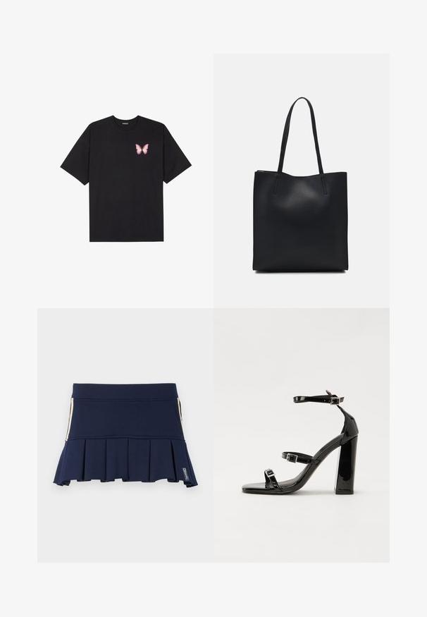 Camiseta de algodón negra de manga corta, con un pequeño gráfico de mariposa rosa en el lado izquierdo del pecho. Diseño de cuello redondo con un corte relajado.; Falda plisada azul marino hecha de tela elástica, con una cintura ajustada y detalle de cremallera lateral. Las costuras son visibles a lo largo de las costuras.; Sandalias de tacón de charol negro con punta cuadrada, correas en el tobillo y hebillas plateadas. Presentan un tacón grueso para mayor estabilidad.; Bolso tote de cuero negro con textura lisa, forma rectangular y dos asas largas. Sin herrajes ni adornos visibles.