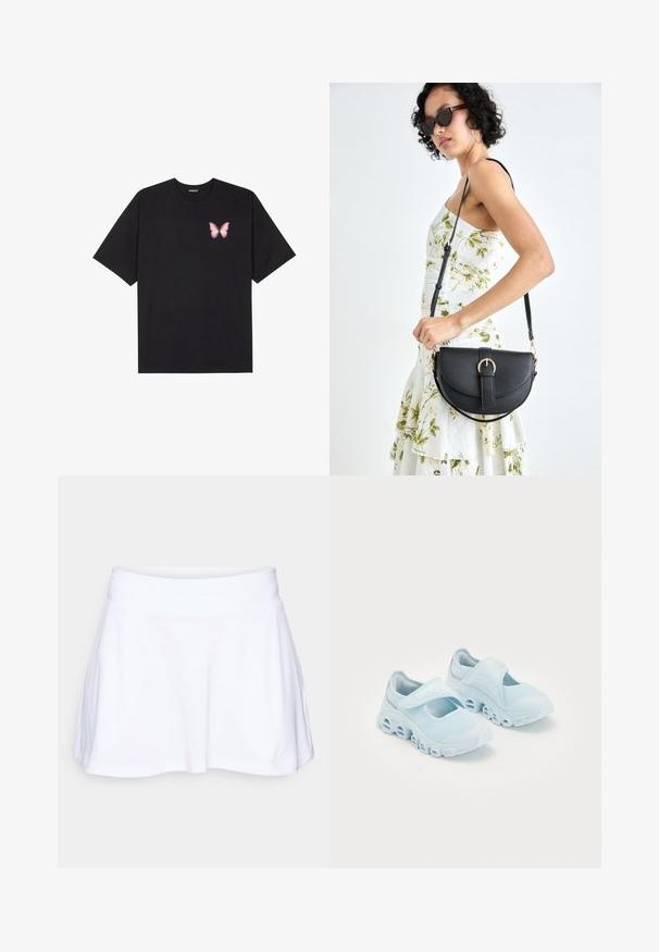 Svart bomulls T-skjorte med korte ermer, med en liten rosa sommerfugl grafikk på venstre bryst. Crew-neck design med en avslappet passform.; adidas Performance CLUB SKIRT POCKET - Sports skirt - white; Lyseblå sneakers med mesh-stoff, fremtredende utskjæringer i sålen og et borrelåsbånd over toppen for sikker passform.; Svart lærveske med en buet form, avtagbar stropp og gullbeslag. Vesken har et klaff med spenne-detall.