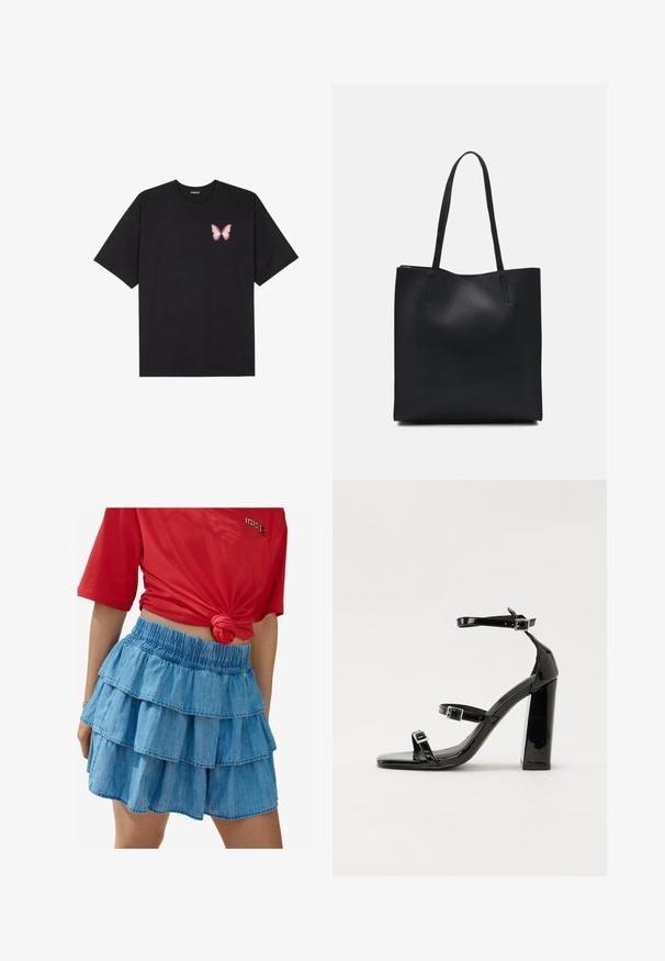 T-shirt nera in cotone con maniche corte, caratterizzata da una piccola grafica di una farfalla rosa sul lato sinistro del petto. Design a girocollo con una vestibilità rilassata.; Gonna di jeans azzurro chiaro con tre volants a strati, dotata di cintura elastica e texture liscia. Abbinata a una maglietta rossa a maniche corte.; Sandali con tacco in vernice nera, con punta squadrata, cinturini alla caviglia e fibbie in argento. Presentano un tacco a blocco spesso per maggiore stabilità.; Borsa tote in pelle nera con texture liscia, forma rettangolare e due manici lunghi. Nessun hardware o decorazione visibile.