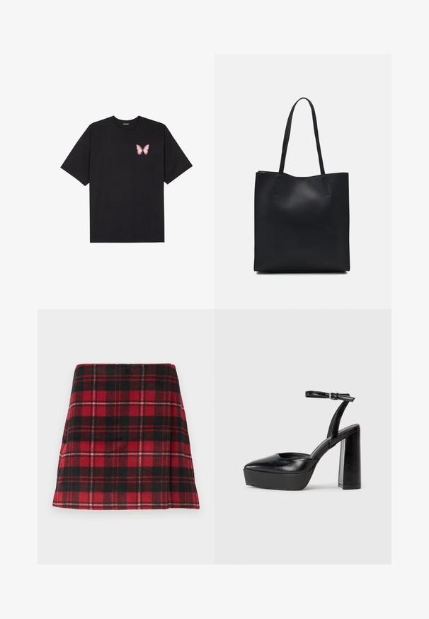 Svart bomullströja med korta ärmar, med en liten rosa fjärilsgrafik på vänster bröst. Rundad halsdesign med en avslappnad passform.; Röd och svart rutigt minikjol, gjord av mjukt tyg med en utsvängd form, med horisontell sömnad och en ren fåll.; Svarta plattformsskor med spetsig tå och justerbart vristband. Tillverkade av mjukt läder, med en kraftig blockklack.; Svart lädertoffelväska med slät textur, rektangulär form och två långa handtag. Ingen synlig hårdvara eller dekorationer.