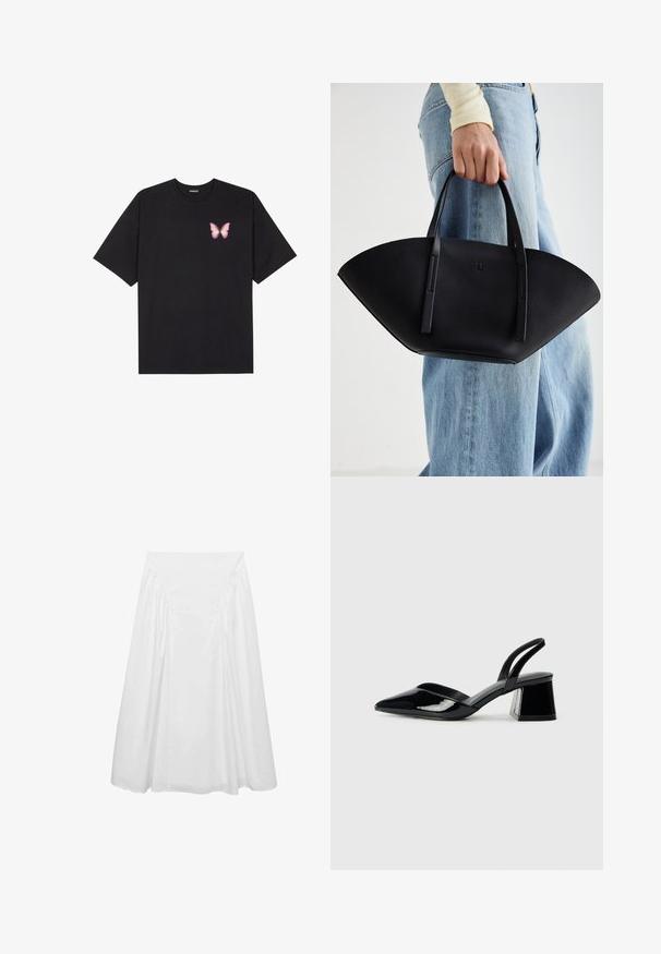 Schwarzes Baumwoll-T-Shirt mit kurzen Ärmeln, das ein kleines pinkes Schmetterlingsmotiv auf der linken Brust zeigt. Crewneck-Design mit einem entspannten Schnitt.; Weißer Midi-Rock aus Baumwolle mit glatter Textur, gerafften Details an den Seiten und einem taillierten Bund für eine fließende Silhouette.; Schwarze Lackleder-Slingback-High Heels mit spitzem Schuh und einem geometrischen Blockabsatz. Verfügt über ein schlankes, minimalistisches Design und eine glatte Textur.; Schwarze Lederhandtasche mit einzigartiger Fächerform, ausgestattet mit flachen Griffen. Die Oberfläche hat eine genoppte Textur und ein minimalistisches Design.