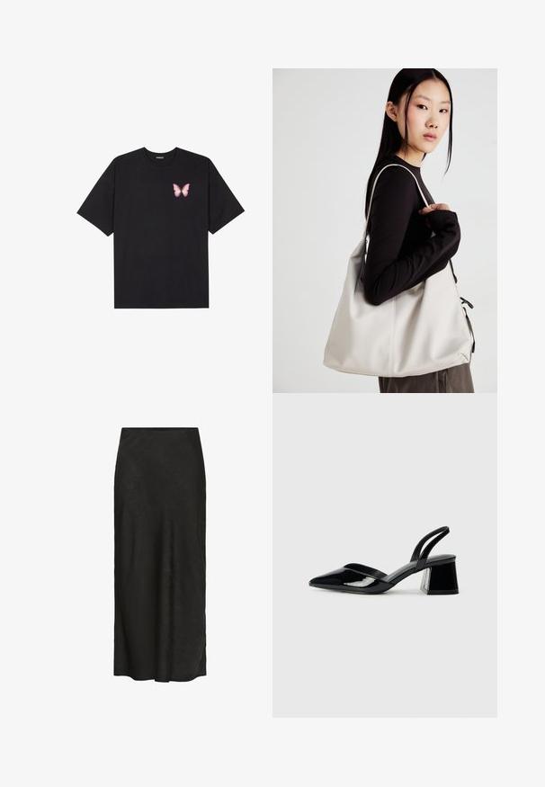 Must muströöpidega must puuvillane T-särk, vasakul rinnal on väike roosa liblikas. Ümar kaelus ja vabalt istuv lõige.; Mustast, põrandani ulatuv seeliku, mis on valmistatud tekstureeritud kangast. Omab sujuvat vööd, kerget langevust ja minimaalset disaini ilma lisadeta.; Mustad musta lakknahk kingad, millel on terav varvas ja geomeetriline plokkkonts. Omab elegantselt minimalistlikku disaini ja sujuvat tekstuuri.; Bež käekott pehme materjali, millel on lõtv disain, õmblustega detailid ja kaks õlarihma. Sobib igapäevaseks kasutamiseks.