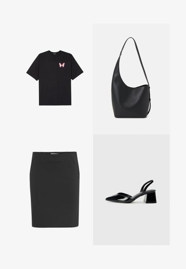 Melna kokvilnas T-krekls ar īsām piedurknēm, kuram priekšā kreisajā pusē ir neliels rozā tauriņa grafiskais attēls. Ar apaļu kaklu un brīvā stila piegriezumu.; Melnā zīmuļa svārki, izgatavoti no gludas auduma, ar pieguļošu siluetu, vidukļa joslu un līdz ceļiem garu griezumu. Nav redzamu rakstu vai akcentu.; Melna lakota āda ar atvērto papēdi, ar smailu purngalu un ģeometrisku blokpapēdi. Iezīmējas elegants, minimāls dizains un gluda tekstūra.; Melnas ādas hobo soma ar gludu tekstūru, izliekta forma un vienu regulējamu jostu; augšā ir plaša atvere.