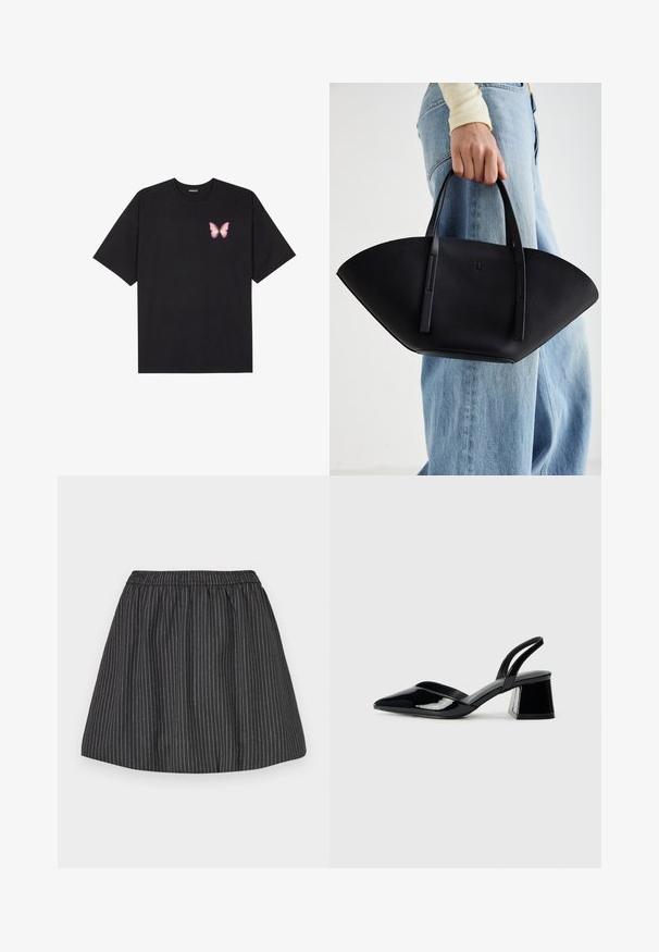 Must muströöpidega must puuvillane T-särk, vasakul rinnal on väike roosa liblikas. Ümar kaelus ja vabalt istuv lõige.; Mustriga must skoor, millel on elastne vöökoht, vertikaalsed valged triibud, laienev disain ja sile tekstuur. Sobib igapäevaseks kandmiseks.; Mustad musta lakknahk kingad, millel on terav varvas ja geomeetriline plokkkonts. Omab elegantselt minimalistlikku disaini ja sujuvat tekstuuri.; Must mustra kott, millel on unikaalne fännikujuline disain, millel on lapikud käepidemed. Pinna tekstuur on kivikujuline ja disain on minimalistlik.