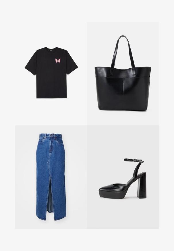 Črna bombažna majica s kratkimi rokavi, ki ima majhen roza metuljček na levi strani prsnega dela. Majica s krožnim ovratnikom in sproščenim krojem.; Denim maxi krilo v srednje modri barvi z sprednjim razporkom, visokim pasom in klasičnim dizajnom s petimi žepi. Ima kontrastno šivanje in zadrgo.; Črne platforme z visokimi petami in koničastim nosom ter nastavljivim gležnjenjskim trakom. Narejene iz gladke usnje, s kockasto peto.; Črna usnjena torba z dvema dolgima ročajema, gladko teksturo in strukturirano obliko. Ima sprednji žep za dodatno shranjevanje.