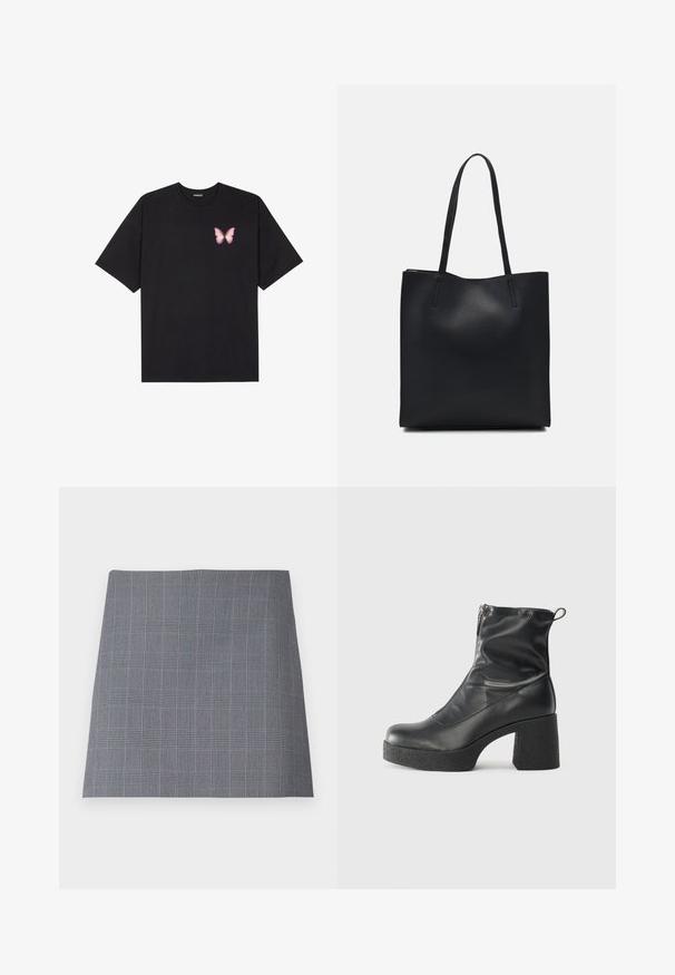 Camiseta de algodón negra de manga corta, con un pequeño gráfico de mariposa rosa en el lado izquierdo del pecho. Diseño de cuello redondo con un corte relajado.; Falda de cuadros gris con forma estructurada, que presenta finas líneas negras y azules en un patrón de cuadrícula, hecha de una tela suave.; Botines negros de tobillo, hechos de cuero suave, con cierre lateral, tacón grueso texturizado y diseño de punta redondeada.; Bolso tote de cuero negro con textura lisa, forma rectangular y dos asas largas. Sin herrajes ni adornos visibles.