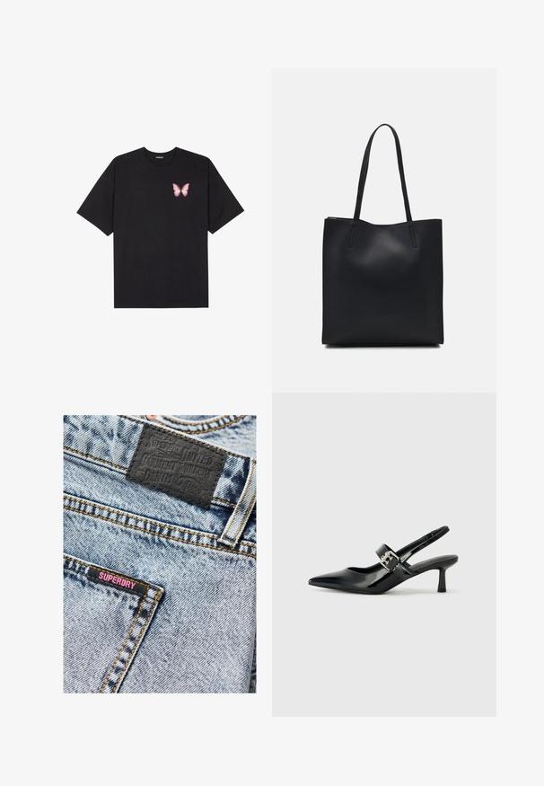 Camiseta de algodón negra de manga corta, con un pequeño gráfico de mariposa rosa en el lado izquierdo del pecho. Diseño de cuello redondo con un corte relajado.; Superdry & Co Minifalda - spring vintage custom; Zapatos de tacón en charol negro con tira al tobillo, punta afilada y un pequeño tacón bloque, que cuentan con un acento de hebilla plateada en la correa.; Bolso tote de cuero negro con textura lisa, forma rectangular y dos asas largas. Sin herrajes ni adornos visibles.