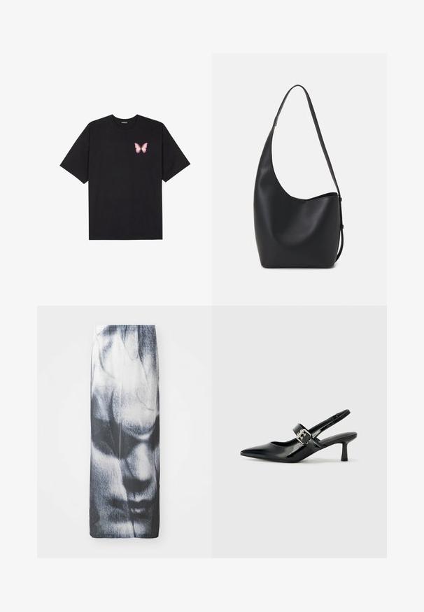 T-shirt en coton noir à manches courtes, avec un petit graphique de papillon rose sur la poitrine gauche. Modèle à col rond avec une coupe décontractée.; Jupe longue noir et blanc avec un imprimé graphique représentant un visage, dotée d'une texture lisse et d'une silhouette ajustée.; Escarpins slingback en cuir verni noir avec un bout pointu et un petit talon bloc, mettant en avant un accent en boucle argentée sur la sangle.; Sac hobo en cuir noir avec une texture lisse, une forme incurvée et une seule sangle réglable ; dispose d'une large ouverture en haut.