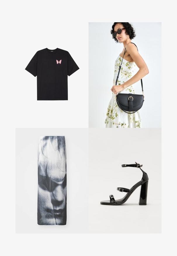 Juodas medvilnės marškinėliai trumpomis rankovėmis, su maža rožine drugelio grafika kairėje krūtinės pusėje. Apvalus kaklo iškirpimas, laisvas kirpimas.; Juoda ir balta ilga sijonas su grafiniu veido atvaizdu, turintis lygią tekstūrą ir prigludusią siluetą.; Juoda blizgi lakuota basutė su kvadratiniu pirštu, kulkšnies dirželiais ir sidabro sagtimis. Yra tvirta blokinė kulno konstrukcija, užtikrinanti stabilumą.; Juodas odinis krepšys su išlenkta forma, nuimamu dirželiu ir auksiniais detalėmis. Krepšys turi kilpą su sagtimi.