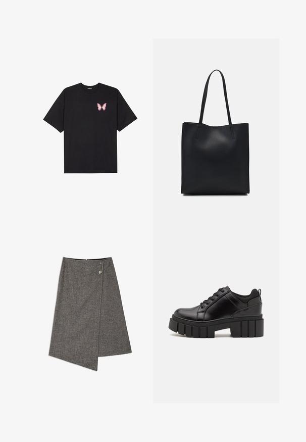 Musta puuvillapaita lyhyillä hihoilla, jossa on pieni vaaleanpunainen perhosgrafiikka vasemmassa rinnassa. Pyöreä kaula-aukko ja rento istuvuus.; Harmaa herringbone-hame, jossa on epäsäännöllinen helma, metallinen korostuneula ja piilotettu vetoketjukiinnitys selkäpuolella.; Mustat nahkakengät, joissa on lättihenkinen korko, pyöreä kärki ja perinteinen nauhakiinnitys. Ominaisuuksiin kuuluu sileä pintakuvio ja minimaalinen yksityiskohtaisuus.; Mustapahkainen kangaskassi, jossa on sileä pinta, suorakaiteen muotoinen ja kaksi pitkää kahvaa. Ei näkyvää metalliosaa tai koristeita.