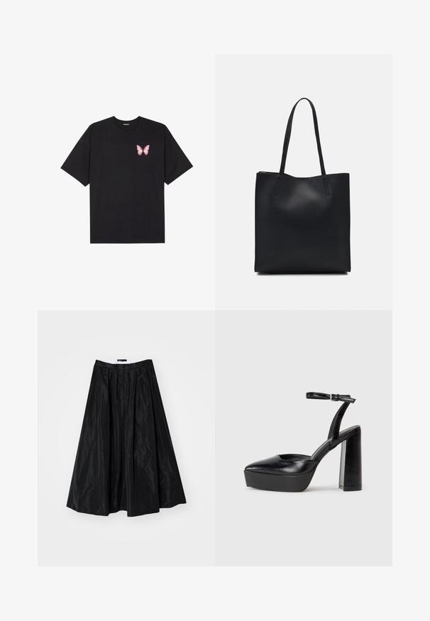 T-shirt en coton noir à manches courtes, avec un petit graphique de papillon rose sur la poitrine gauche. Modèle à col rond avec une coupe décontractée.; Maje Jupe trapèze - noir; Escarpins noirs à plateforme avec un bout pointu et une sangle réglable à la cheville. Conçus en cuir lisse, avec un large talon bloc.; Sac fourre-tout en cuir noir avec une texture lisse, de forme rectangulaire et deux longues poignées. Pas de matériel ou d'ornementations visibles.