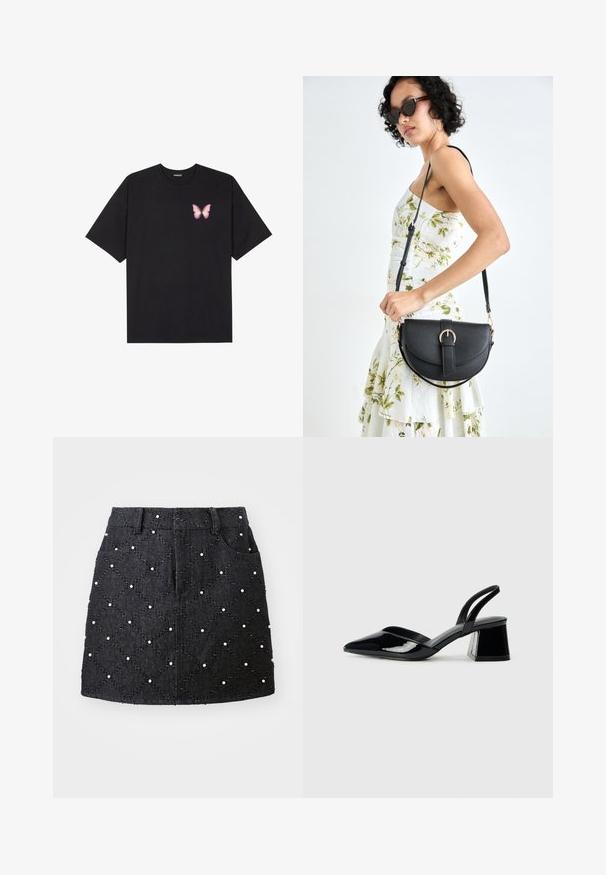 Černé bavlněné tričko s krátkým rukávem, na levém prsou s malou grafikou růžové motýlky. Design s kruhovým výstřihem a volným střihem.; Černá džínsová sukně s kosočtvercovým prošíváním, zdobená bílými perlami. Má pas a dvě přední kapsy.; Černé lakované kožené lodičky na pásku s špičatou špičkou a geometrickým blokovým podpatkem. Vyznačují se elegantním, minimalistickým designem a hladkým povrchem.; Černá kožená kabelka s křivkovým tvarem, odnímatelným popruhem a zlatými detaily. Kabelka má klopu s přezkou.