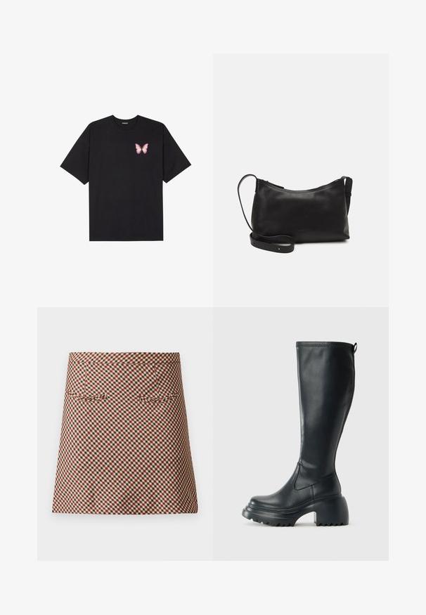 Svart bomulls T-skjorte med korte ermer, med en liten rosa sommerfugl grafikk på venstre bryst. Crew-neck design med en avslappet passform.; Korte rutete skjørt med sjakkmønster i rødt, svart og krem. Det har en glatt tekstur og to frontlommer.; Høy svart lærstøvel med chunky plattformsåle og blokkhelt, med trekkstang og teksturert mønster på yttersålen.; Svart skinn skulderveske med glatt tekstur, buet form, justerbar stropp og glidelås. Minimalistisk design uten dekorasjoner.