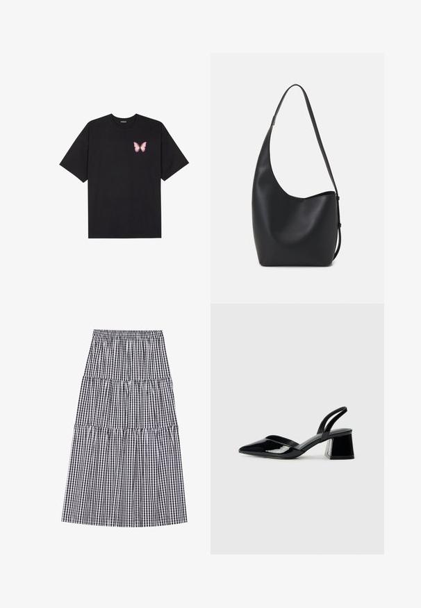 Schwarzes Baumwoll-T-Shirt mit kurzen Ärmeln, das ein kleines pinkes Schmetterlingsmotiv auf der linken Brust zeigt. Crewneck-Design mit einem entspannten Schnitt.; Schwarz-weißer Gingham-Muster gestufter Rock mit elastischem Bund. Verfügbar mit mehreren Rüschen und einer fließenden Silhouette.; Schwarze Lackleder-Slingback-High Heels mit spitzem Schuh und einem geometrischen Blockabsatz. Verfügt über ein schlankes, minimalistisches Design und eine glatte Textur.; Schwarze Leder-Hobo-Tasche mit einer glatten Textur, geschwungener Form und einem einzelnen verstellbaren Tragegurt; verfügt über eine weite Öffnung am oberen Ende.
